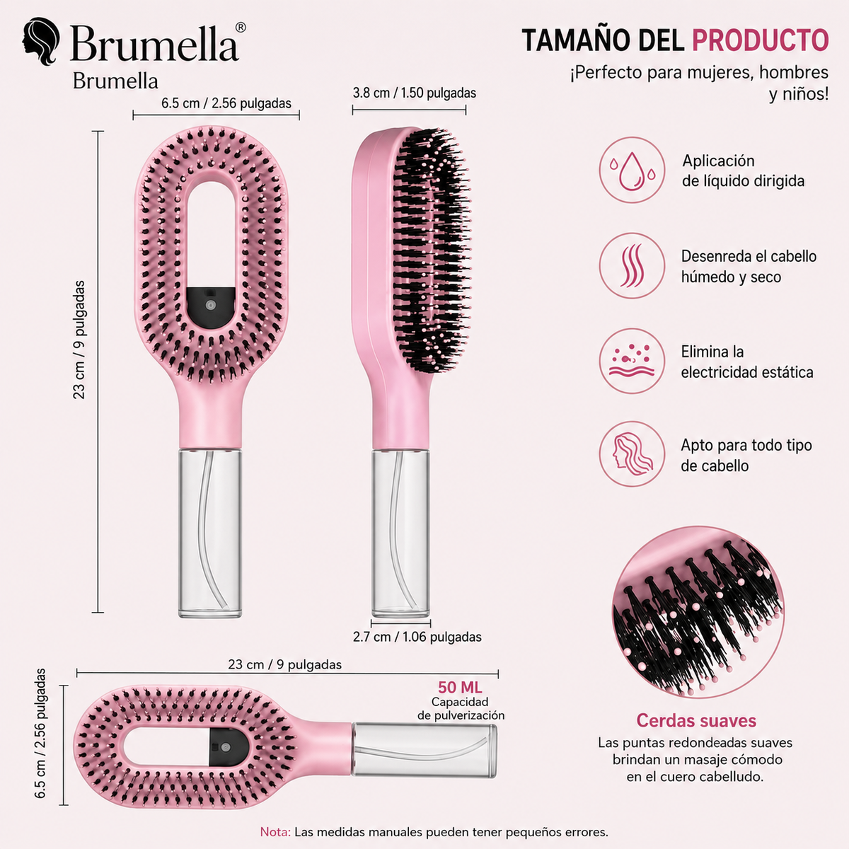 Cepillo desenredante 2 en 1 con pulverizador integrado
