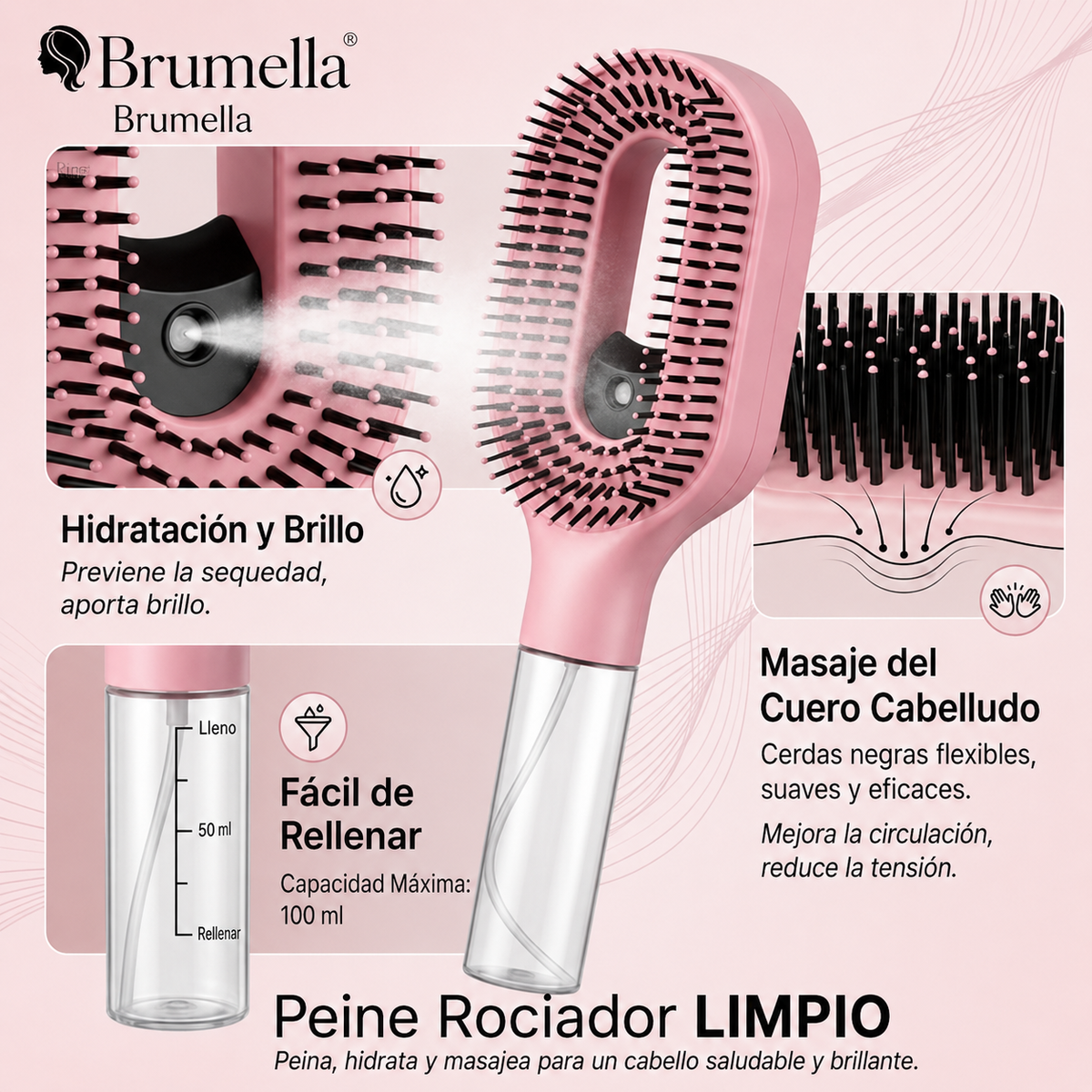 Cepillo desenredante 2 en 1 con pulverizador integrado