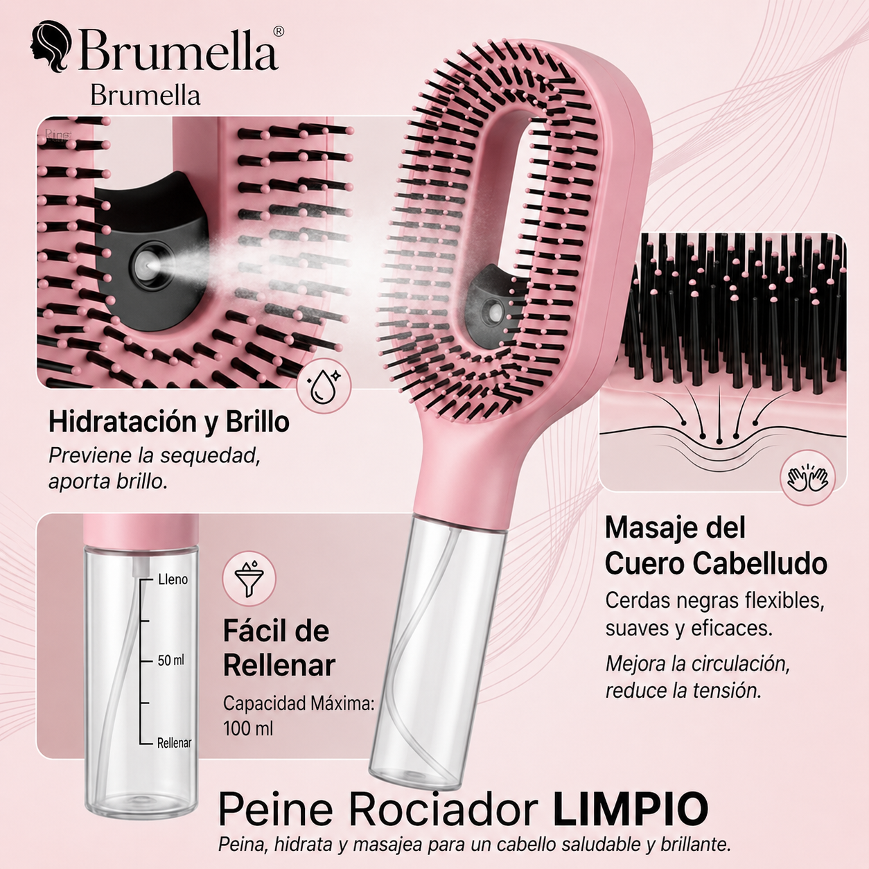 Cepillo desenredante 2 en 1 con pulverizador integrado